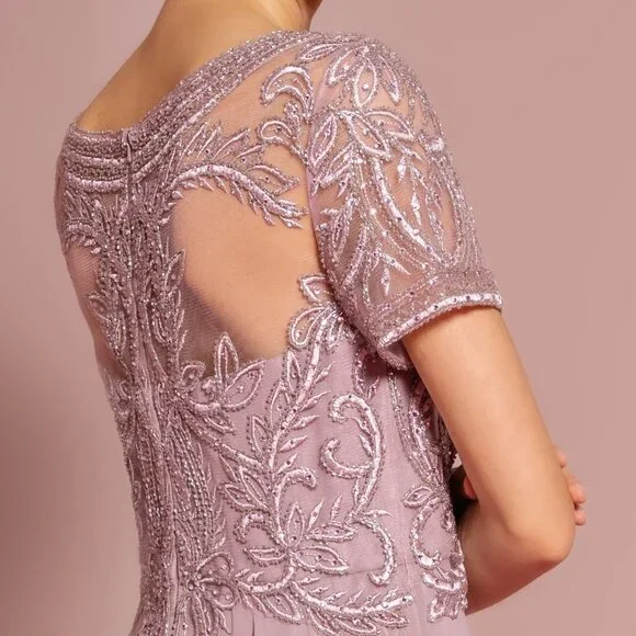 NEW LONG CHIFFON A-LINE DRESS WITH CAP SLEEVES EMBROIDERED WITH LACE GL2683 - Picture 10 of 13